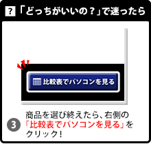 中古パソコン直販　どっちがいいの？で迷ったら 商品を選び終えたら、右側の「比較表でパソコンを見る」をクリック！