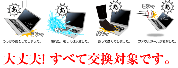 うっかり落としてしまった。うっかり落としてしまった。誤って踏んでしまった。ファウルボールが直撃した。大丈夫！ すべて交換対象です。