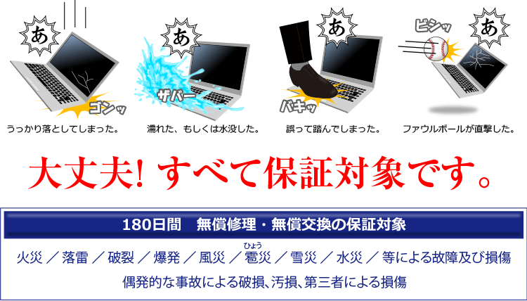 中古パソコン直販　180日間　無償修理・無償交換の保証対象